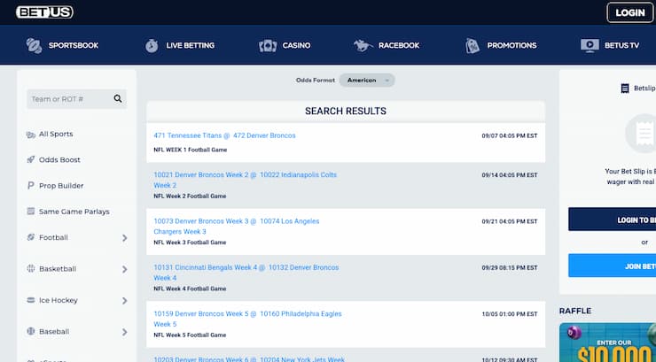 An image of the betting screen from BetUS, a popular online sportsbook in Colorado.